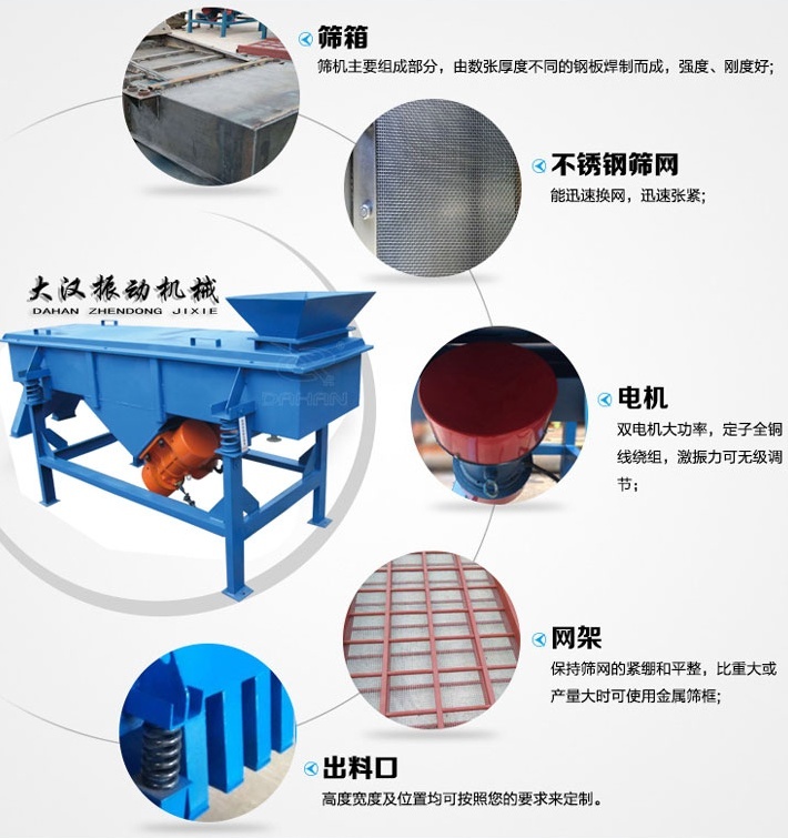 525型直線振動篩結(jié)構(gòu)細節(jié)：篩箱：篩機主要組成部分，由數(shù)張厚度不同的鋼板焊制而成，強度，剛度好。不銹鋼篩網(wǎng)：能速換網(wǎng)，迅速張緊。電機：雙電機大功率，定子全銅線繞組，激振力可無級調(diào)節(jié)。網(wǎng)架：保持篩網(wǎng)的緊繃和平整，比重大或產(chǎn)量大時可使用金屬篩框。出料口：高度寬度及位置均可按照您的要求定制。