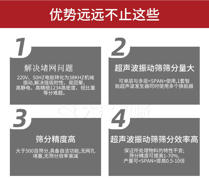 超聲波振動(dòng)篩優(yōu)勢：1，高效解決堵網(wǎng)問題220V，50HZ電能轉(zhuǎn)化為38KHZ機(jī)械振動(dòng)，解決強(qiáng)吸附性，易團(tuán)聚，高靜電，高精細(xì)1234高密度，輕比重等難題。2，超聲振動(dòng)篩篩分量大：可單層與多層使用1套只能超聲波發(fā)生器同時(shí)使用多個(gè)換能器。3，適合大于500目篩分，具備自潔功能，無網(wǎng)孔堵塞，無篩分效率衰減。4，超聲波振動(dòng)篩篩分效率高：保證所處理物料的特性不變，篩分精度可提高1-70%。